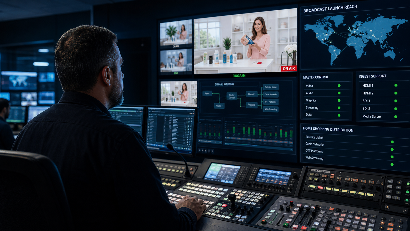 Master control room monitoring home shopping distribution
